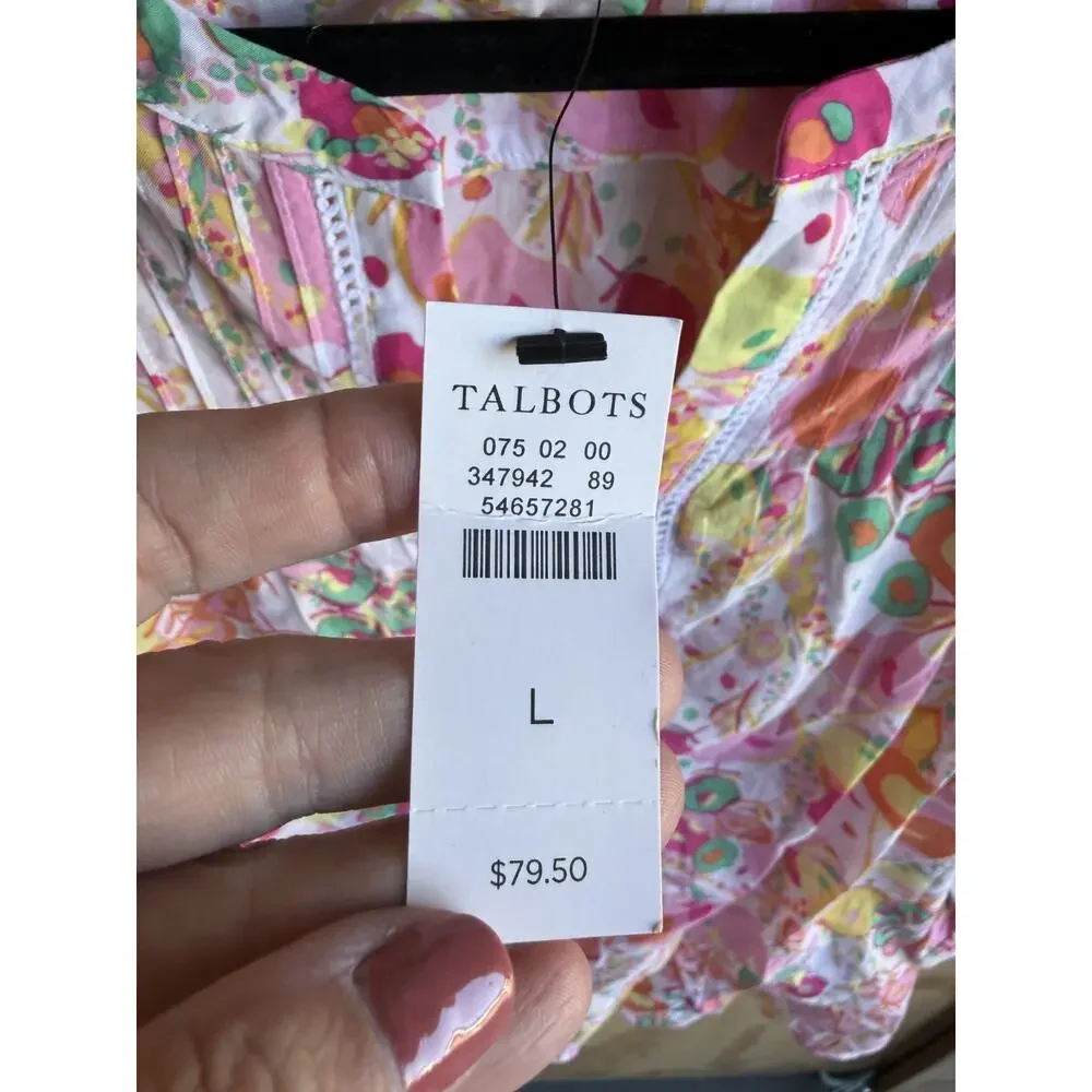 Talbots Women's LARGE Floral 100% Cotton Tunic Top 3/4 Sleeve V-Neck Pleated NEW